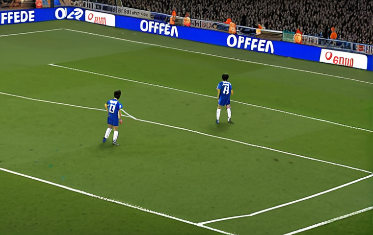 **

A tense moment during a soccer game. An attacking player in an offside position, with the VAR lines clearly visible on the screen overlayed on the field. Focus on the anticipation and scrutiny of the offside call. Add Japanese text to the display, like "オフサイド判定" (Offside Determination).

**