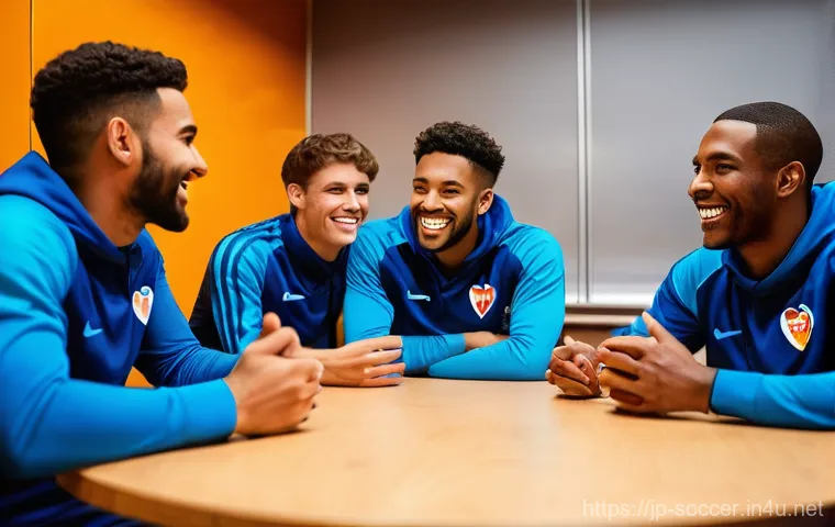 축구 팀워크 훈련법 - **"Heart of the Team" - Informal Connection and Psychological Safety:**
    A diverse group of male ...