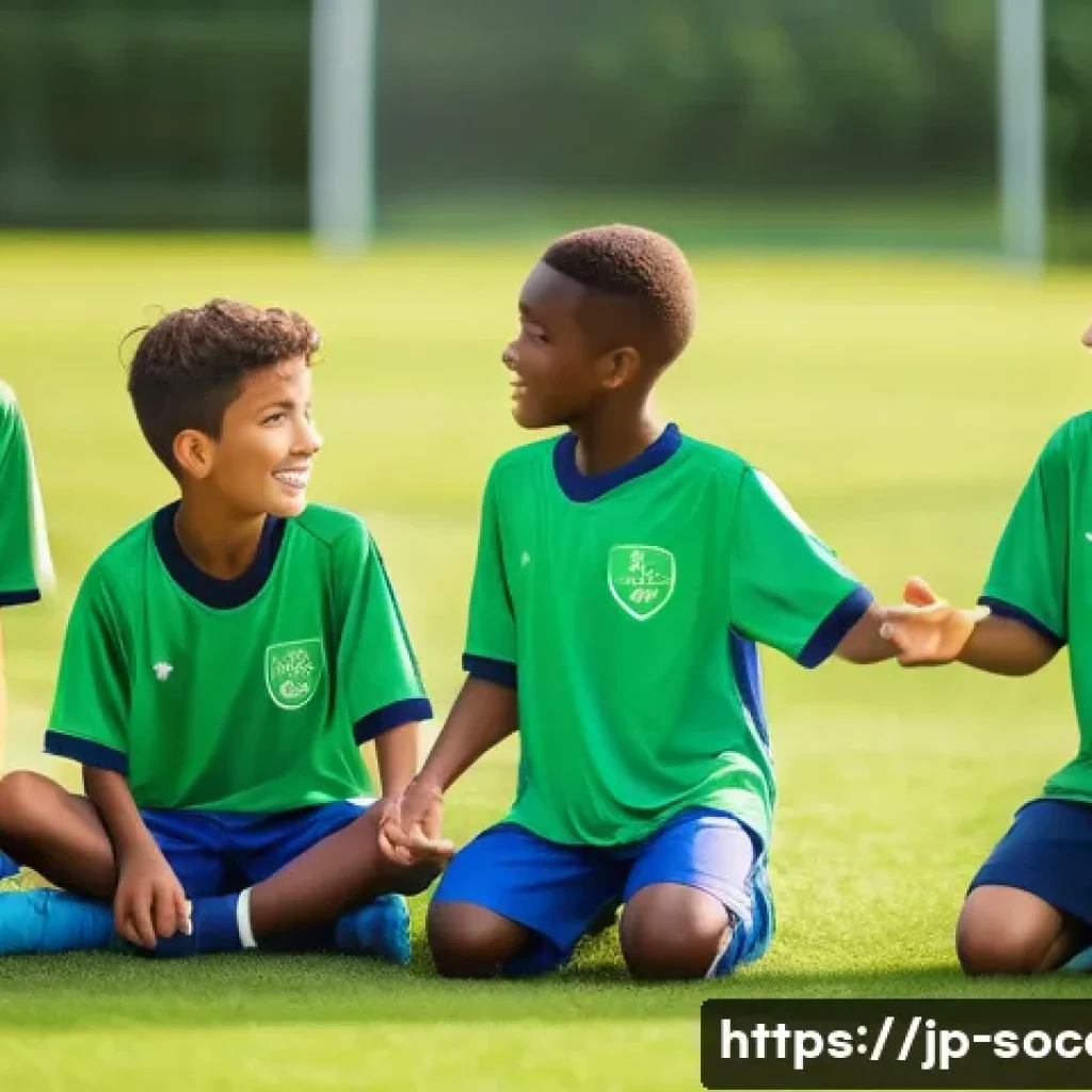 축구 트레이너 채용 요령 - A diverse group of enthusiastic young soccer players, aged 7-10, wearing various colorful soccer uni...