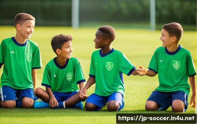 축구 트레이너 채용 요령 - A diverse group of enthusiastic young soccer players, aged 7-10, wearing various colorful soccer uni...