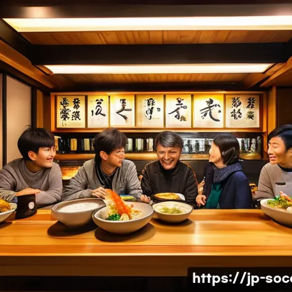 축구 경기장 주변 맛집 추천 - A lively and inviting traditional Japanese izakaya (居酒屋) bustling with soccer fans after a game. The...