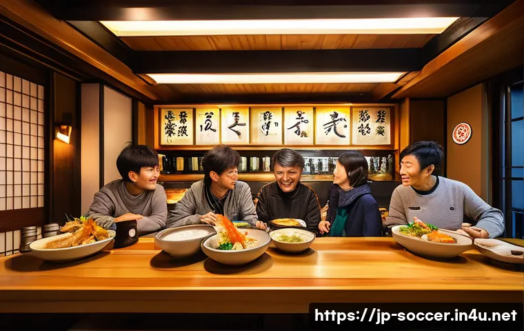축구 경기장 주변 맛집 추천 - A lively and inviting traditional Japanese izakaya (居酒屋) bustling with soccer fans after a game. The...