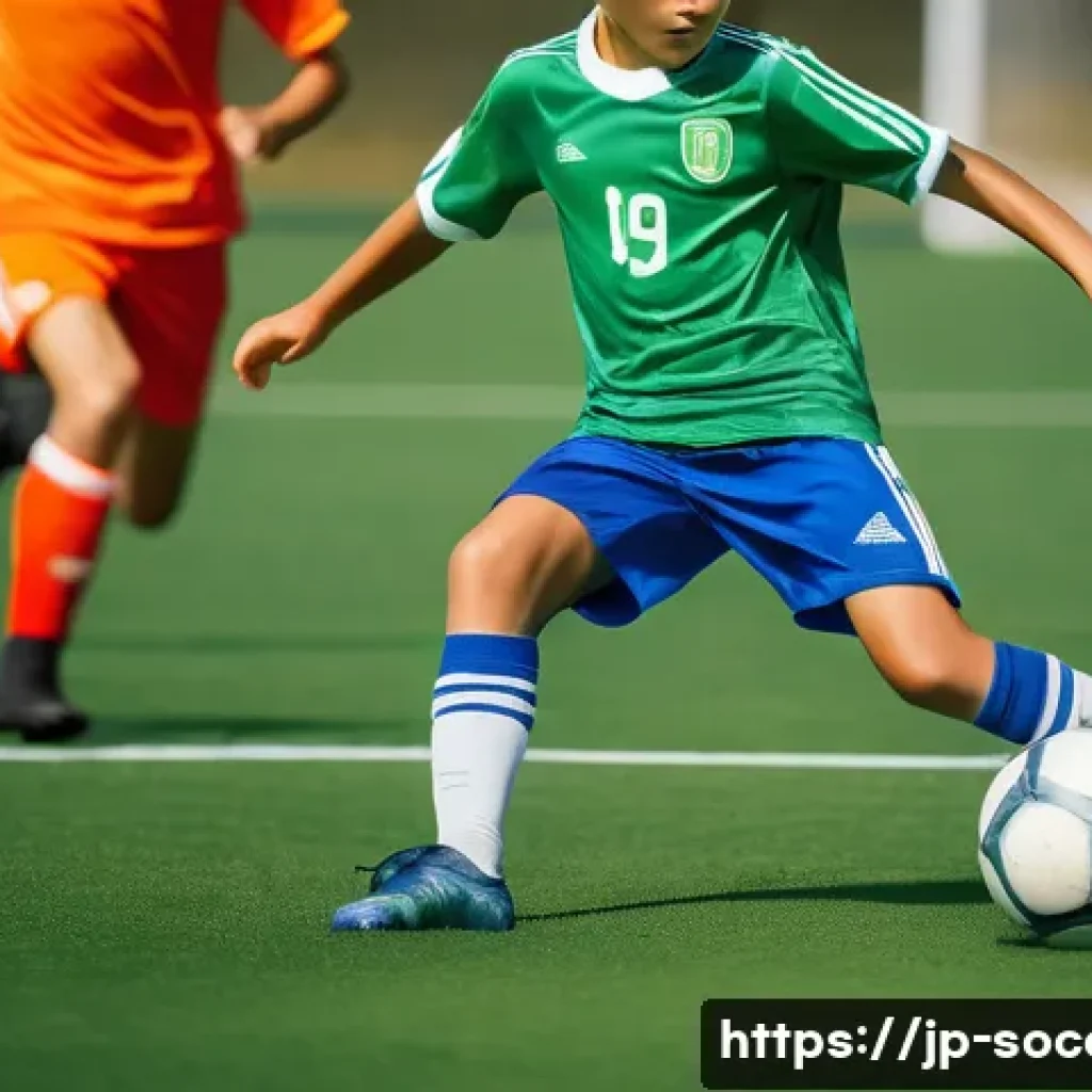 축구 기술 동영상 편집 팁 - A dynamic, high-angle shot of a young soccer player (around 10-14 years old) in a vibrant, complete ...