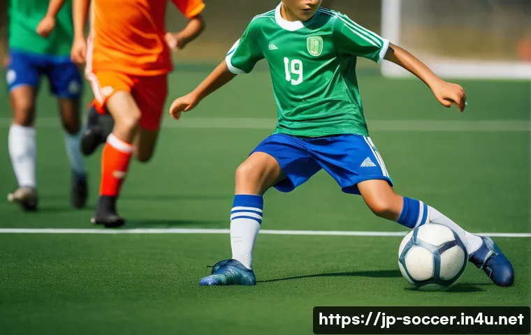 축구 기술 동영상 편집 팁 - A dynamic, high-angle shot of a young soccer player (around 10-14 years old) in a vibrant, complete ...