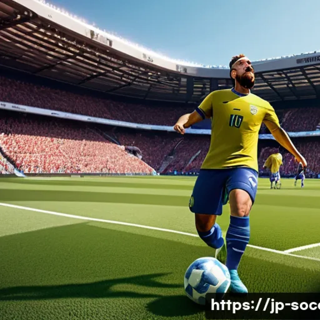 축구 VR 게임 체험 리뷰 - A hyper-realistic VR soccer stadium scene showcasing a player in dynamic motion wearing a detailed s...