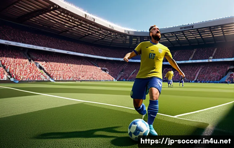 축구 VR 게임 체험 리뷰 - A hyper-realistic VR soccer stadium scene showcasing a player in dynamic motion wearing a detailed s...