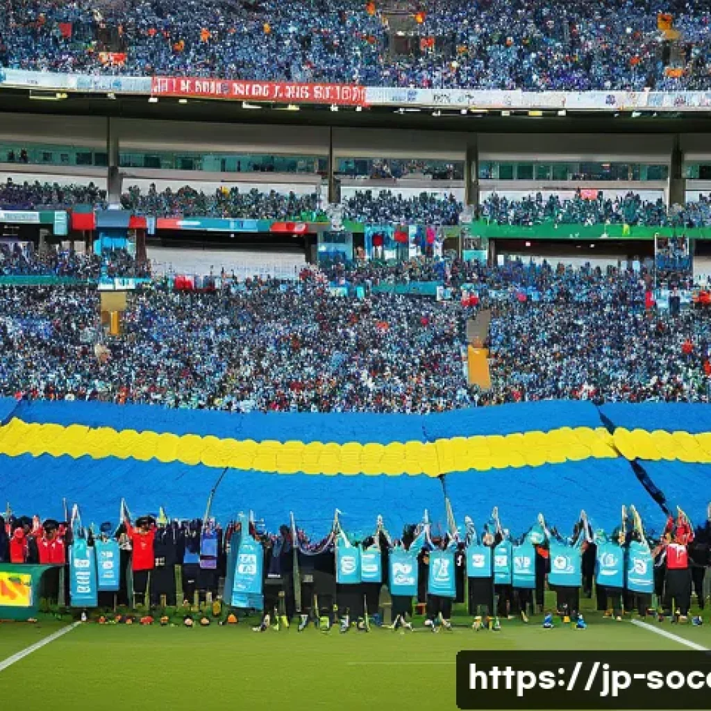 축구 응원 도구와 활용법 - A vibrant stadium scene filled with enthusiastic Japanese soccer fans waving colorful team towels in...