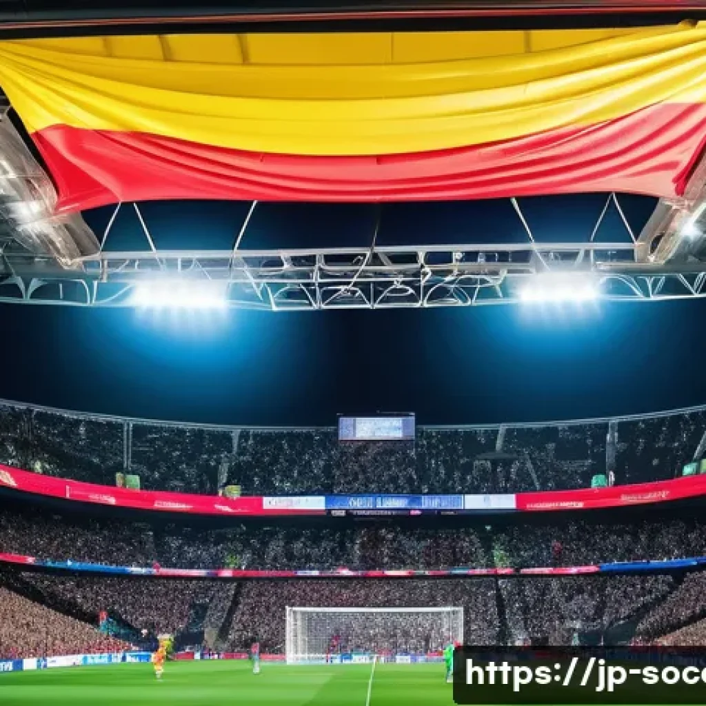 축구 스폰서십 사례 연구 - A dynamic scene of a modern soccer stadium filled with enthusiastic fans waving colorful banners and...
