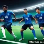 축구 관련 앱 개발 아이디어 - A dynamic soccer coaching scene featuring a diverse group of players wearing modern sportswear and l...