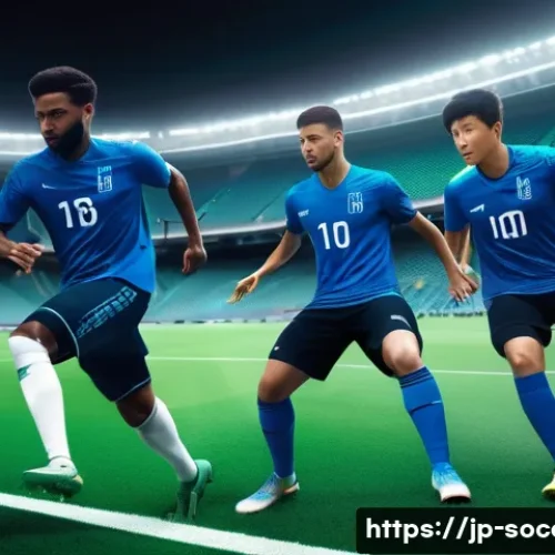 축구 관련 앱 개발 아이디어 - A dynamic soccer coaching scene featuring a diverse group of players wearing modern sportswear and l...