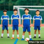 축구 초보자 가이드 - A vibrant soccer field scene under a clear blue sky, featuring a Japanese youth soccer team practici...