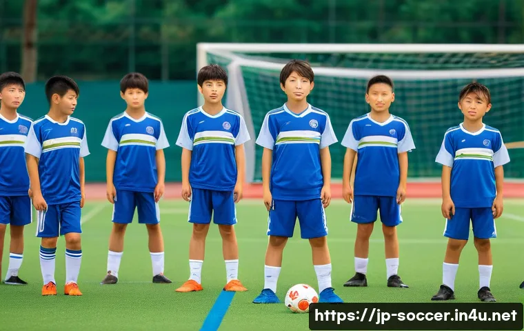 축구 초보자 가이드 - A vibrant soccer field scene under a clear blue sky, featuring a Japanese youth soccer team practici...