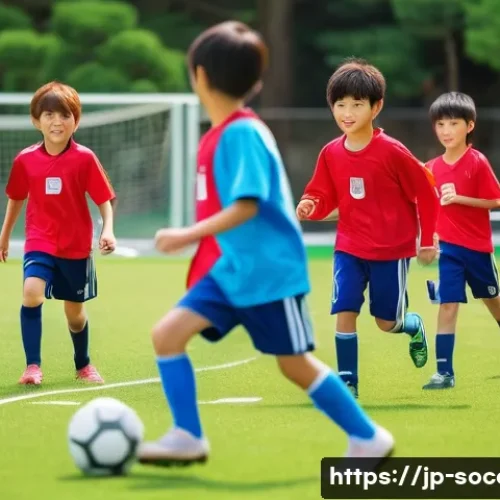 축구 아카데미 등록 후기 - A vibrant outdoor soccer academy training scene in Japan during a sunny day, featuring a group of el...