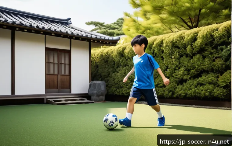 축구 무료 훈련 영상 사이트 - A young Japanese beginner soccer player practicing dribbling skills in a small backyard with neatly ...