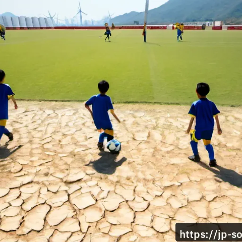 축구와 기후변화의 연관성 - Photorealistic wide-angle scene of a youth soccer match on a drought-stricken field, dry cracked ear...