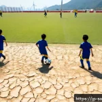 축구와 기후변화의 연관성 - Photorealistic wide-angle scene of a youth soccer match on a drought-stricken field, dry cracked ear...