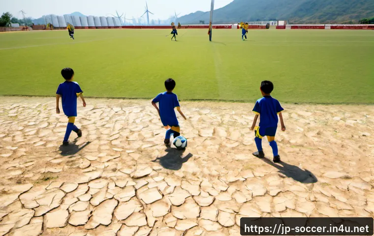 축구와 기후변화의 연관성 - Photorealistic wide-angle scene of a youth soccer match on a drought-stricken field, dry cracked ear...