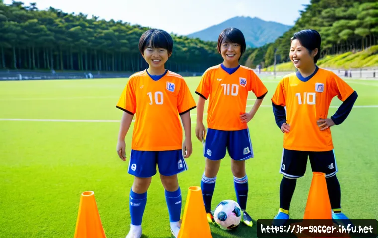 축구 체험 캠프 리뷰 - Photorealistic outdoor soccer experience camp in Japan, diverse group of Japanese children wearing c...