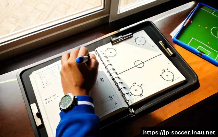 축구 전술 노트 작성법 - Photorealistic overhead view of a Japanese football coach’s desk, hands drawing simple soccer format...